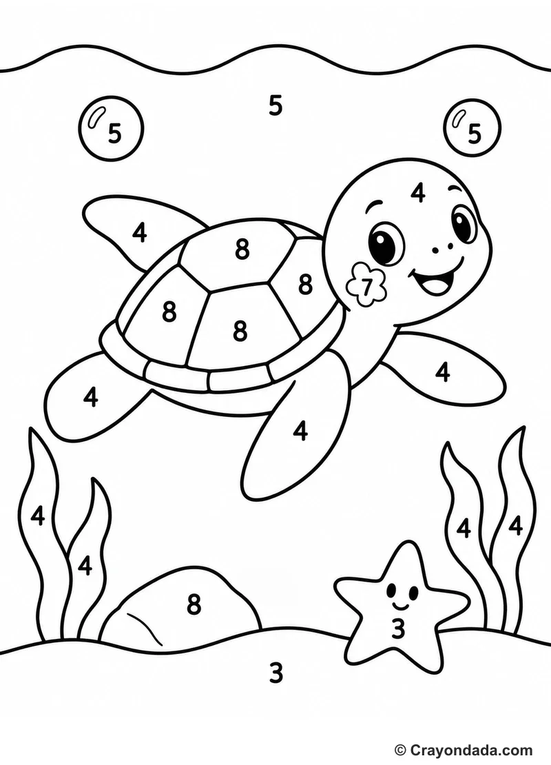 Sea Turtle Swim Color by Number printable activity