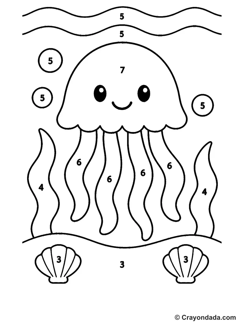 Smiling Jellyfish Underwater Color by Number printable activity