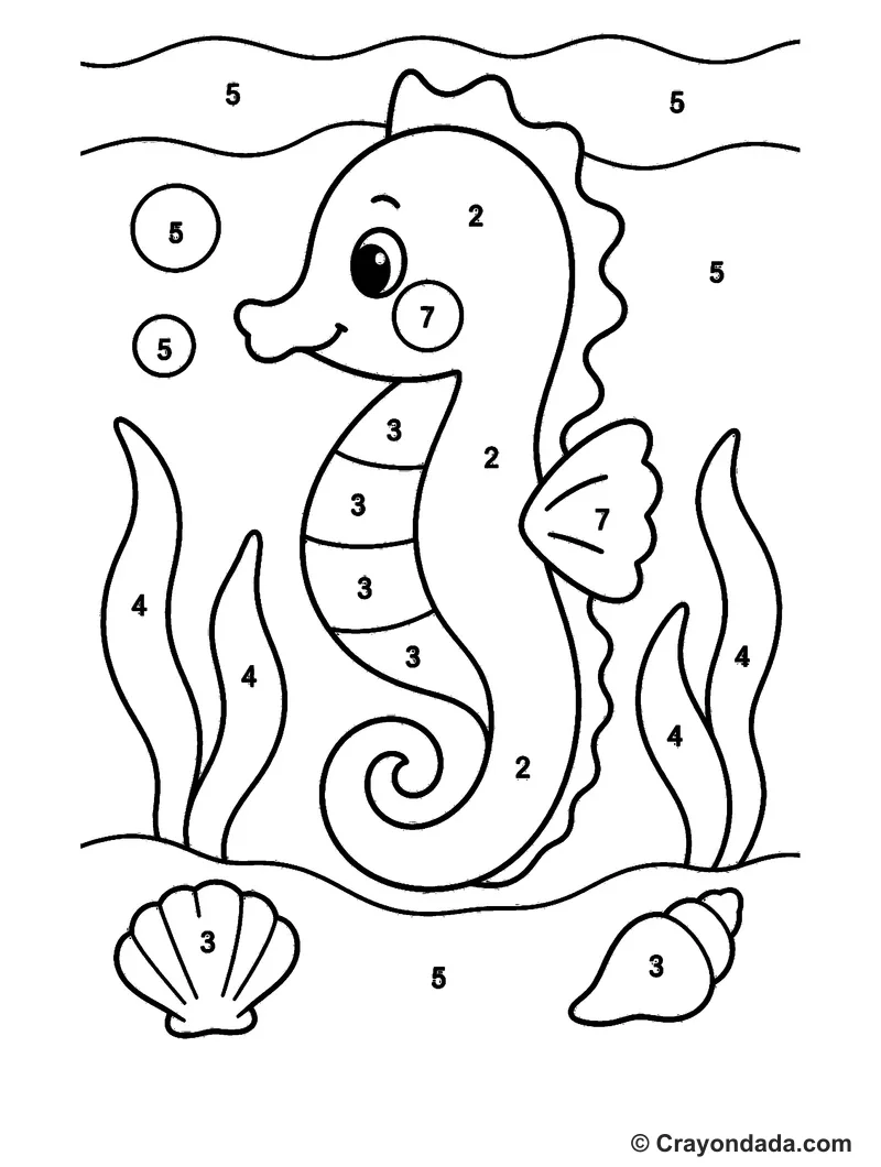 Smiling Seahorse Underwater Color by Number printable activity