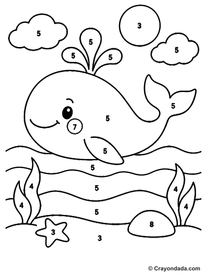 Smiling Whale Ocean Color by Number printable activity