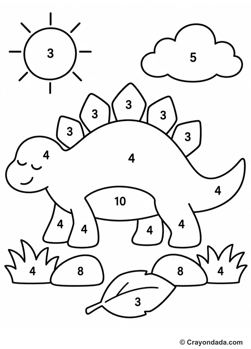 Stegosaurus Simple Meadow Color by Number printable activity