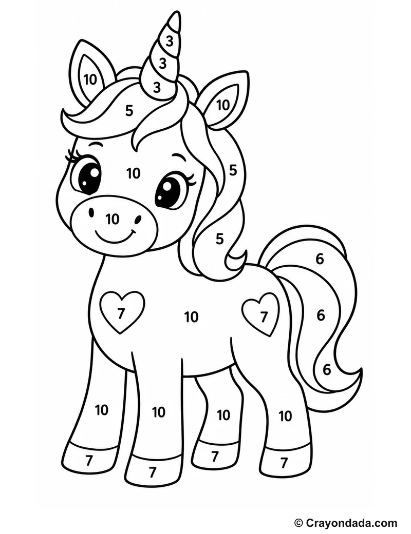 Unicorn Color by Number printable worksheet