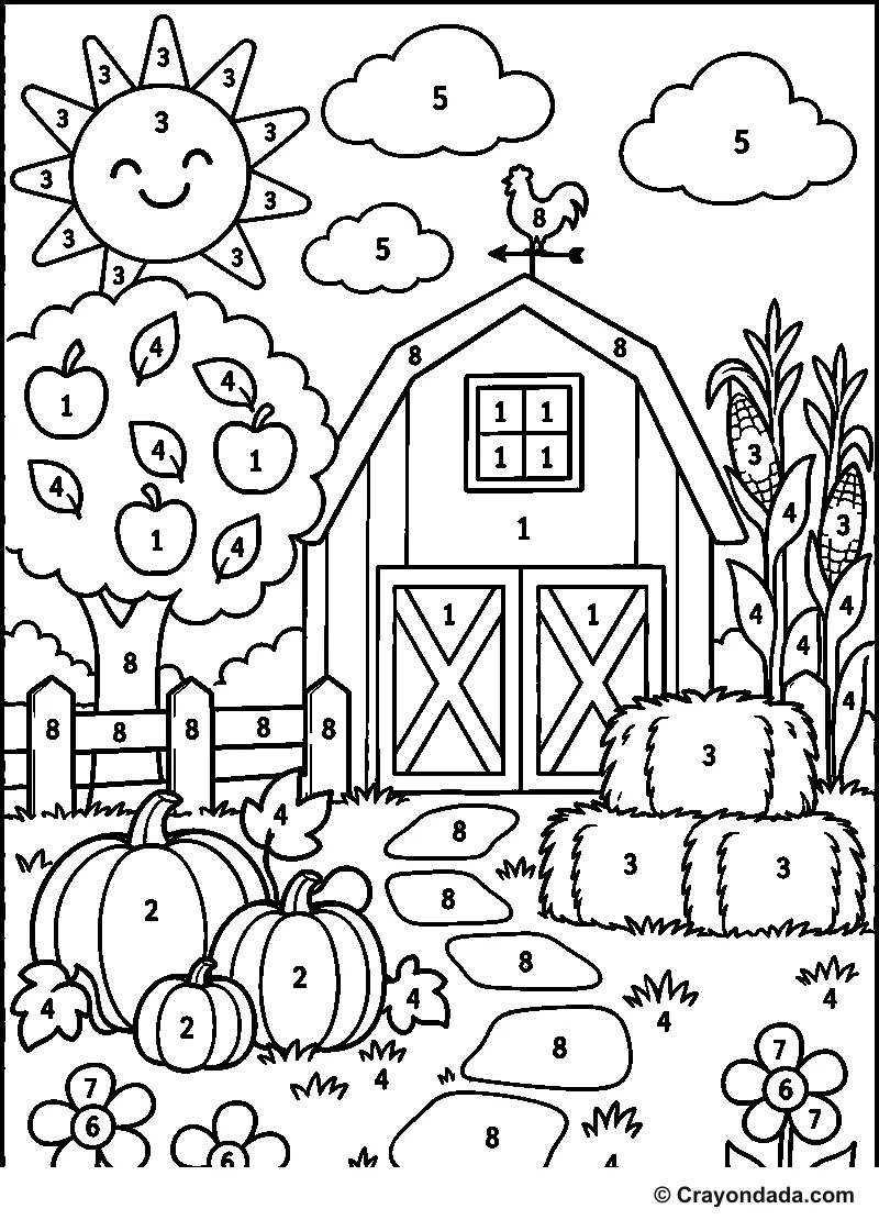 Farm Barn Harvest Color by Number printable activity