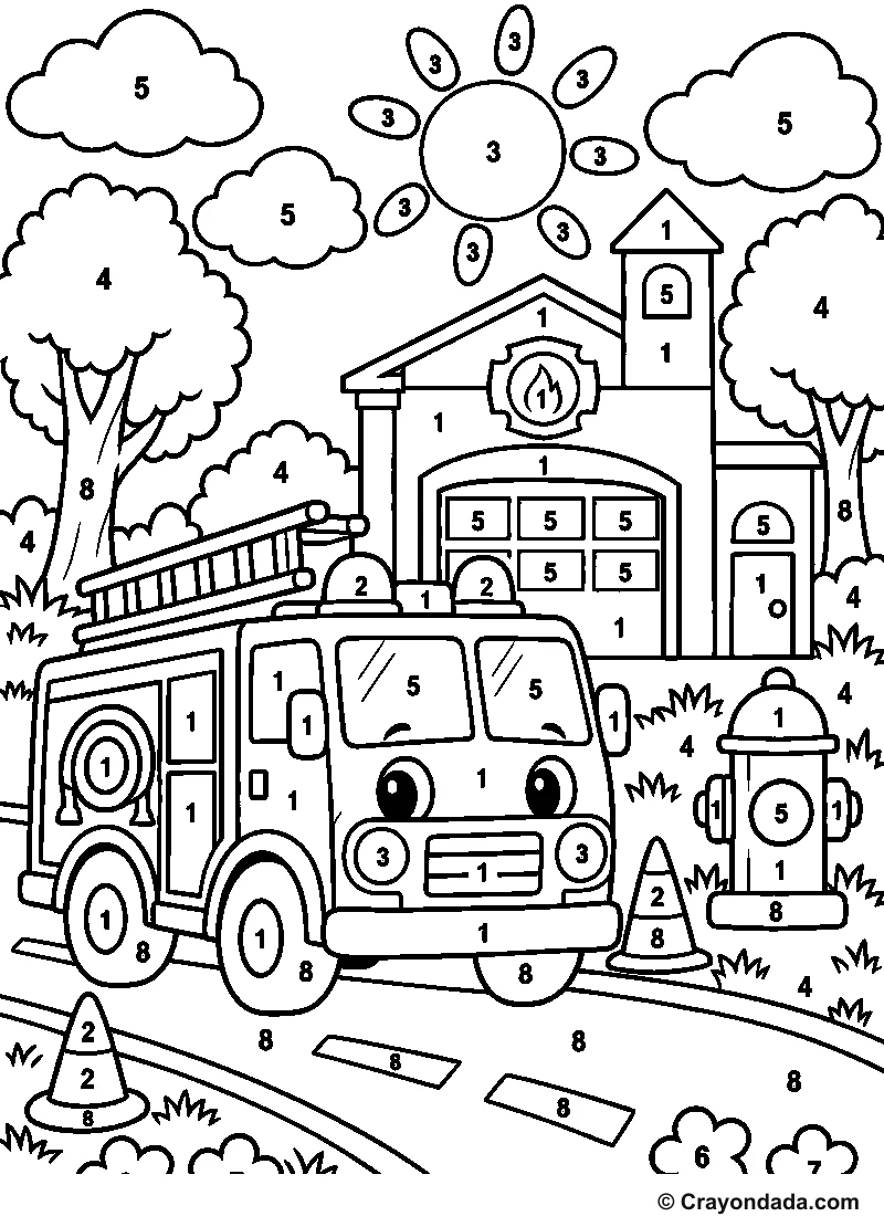 Fire Truck City Color by Number printable activity