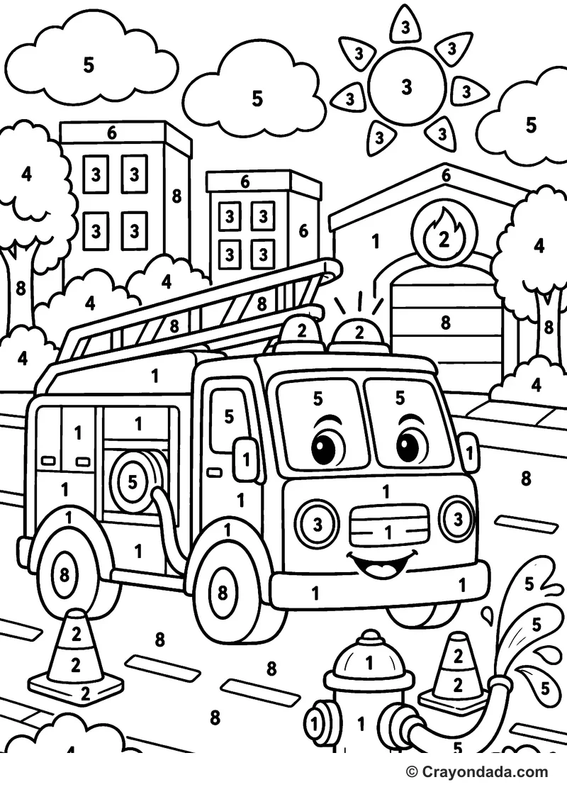 Fire Truck Rescue Color by Number printable activity