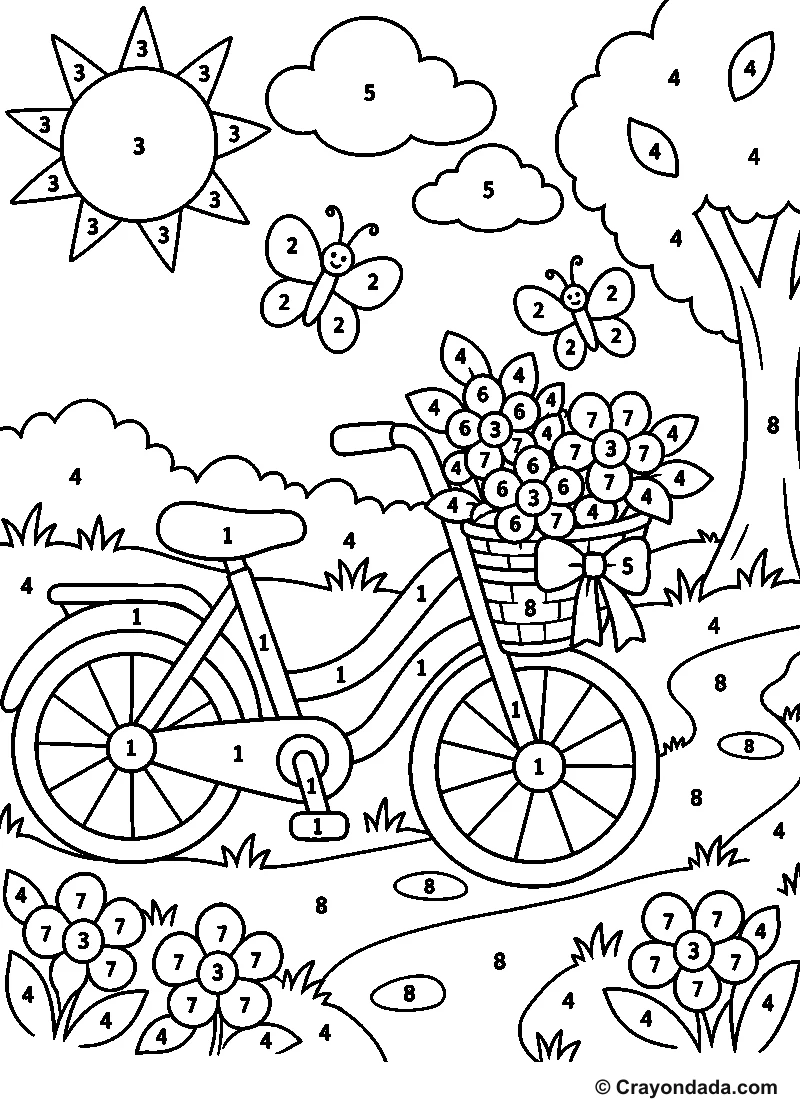 Flower Bicycle Ride Color by Number printable activity