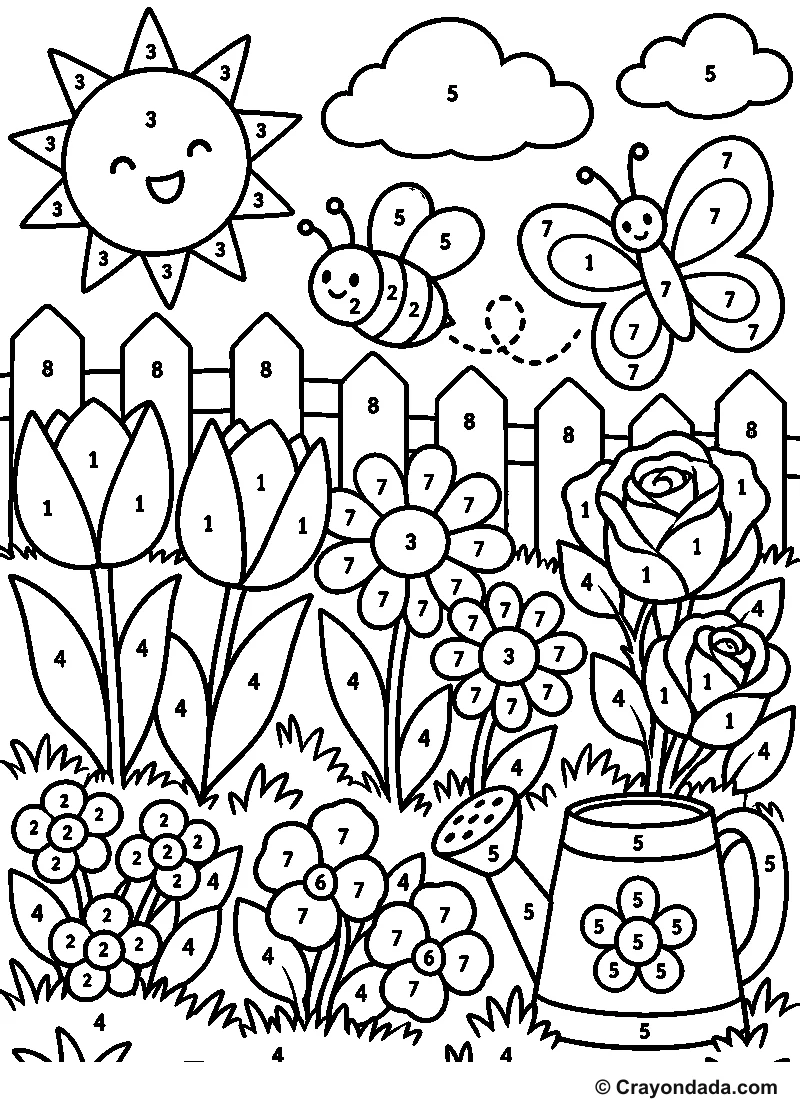 Flower Garden Party Color by Number printable activity