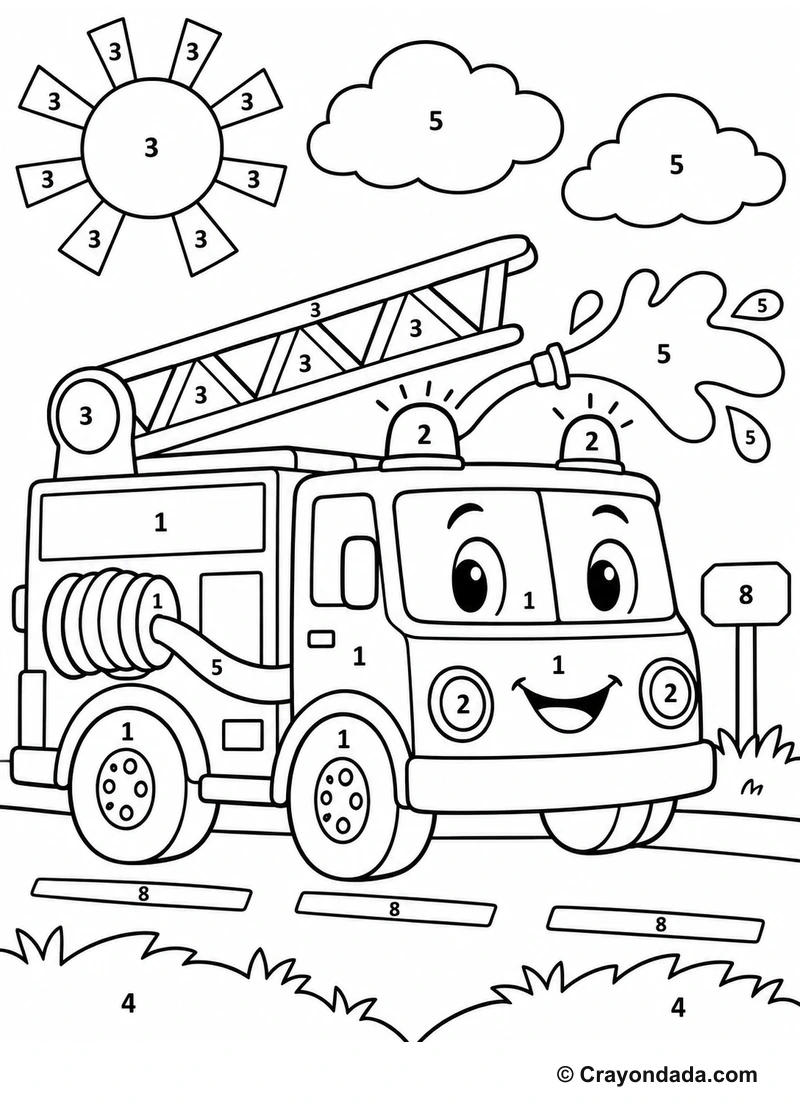 Friendly Fire Truck easy color by number worksheet for kids