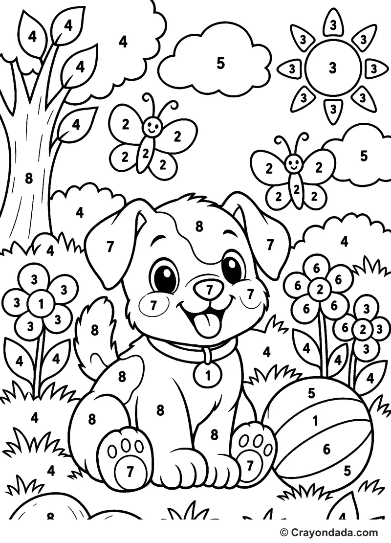Friendly Puppy Garden Color by Number printable activity