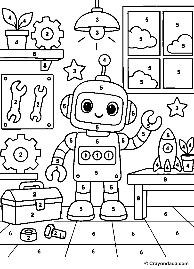 Friendly Robot Workshop Color by Number printable activity