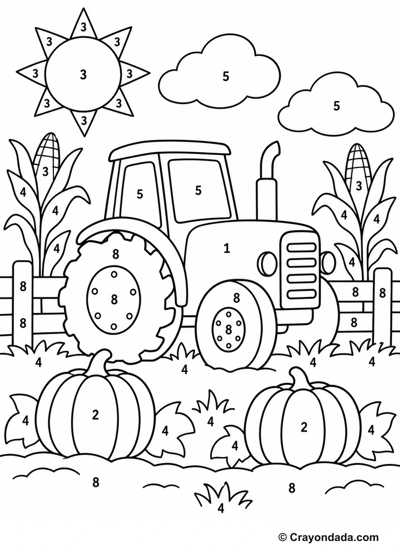 Friendly Tractor Field easy color by number worksheet for kids