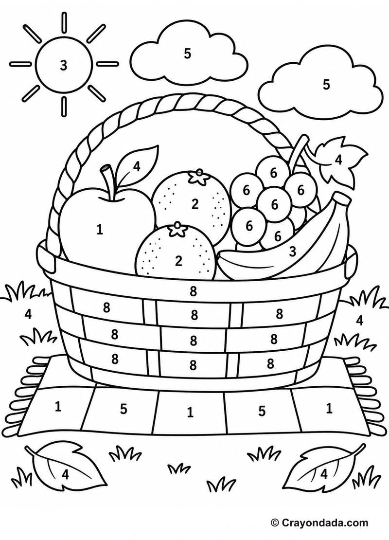 Fruit Basket Picnic easy color by number worksheet for kids