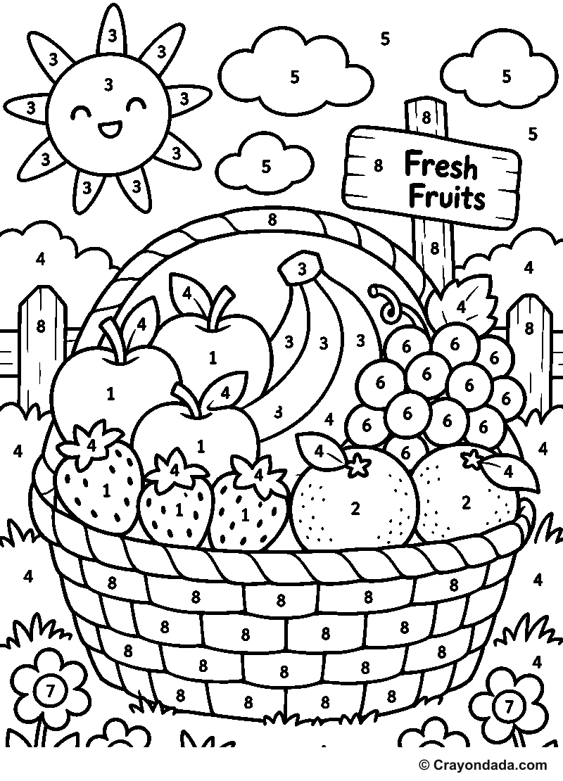 Fruit Market Basket Color by Number printable activity