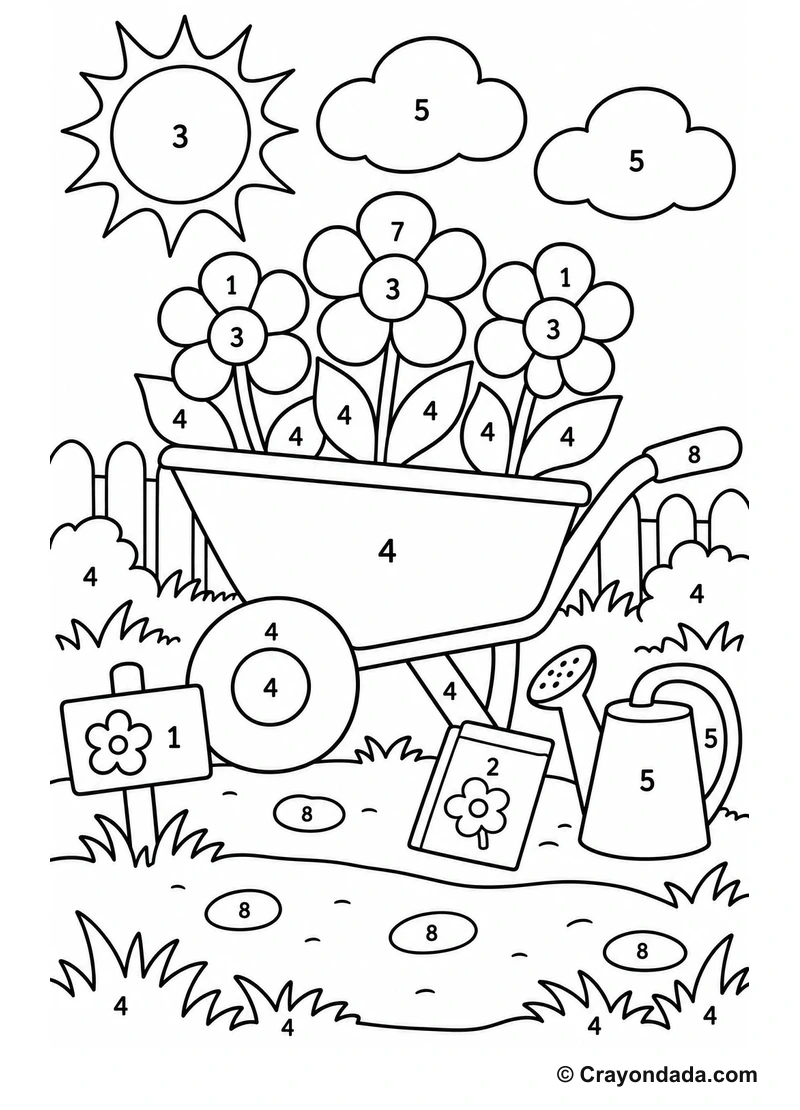 Garden Wheelbarrow easy color by number worksheet for kids