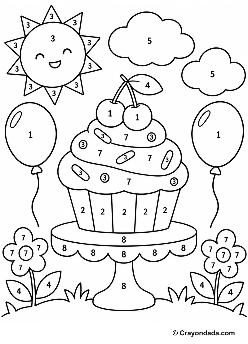 Happy Cupcake Stand easy color by number worksheet for kids