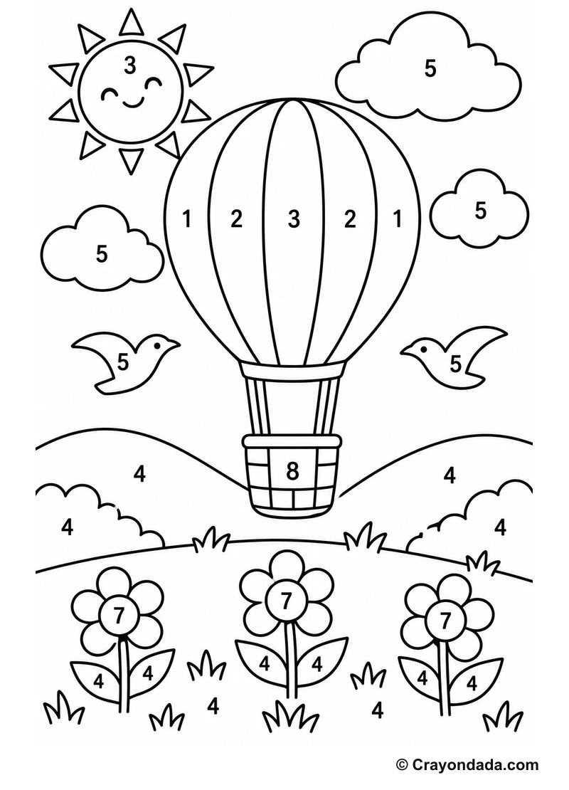 Happy Hot Air Balloon easy color by number worksheet for kids