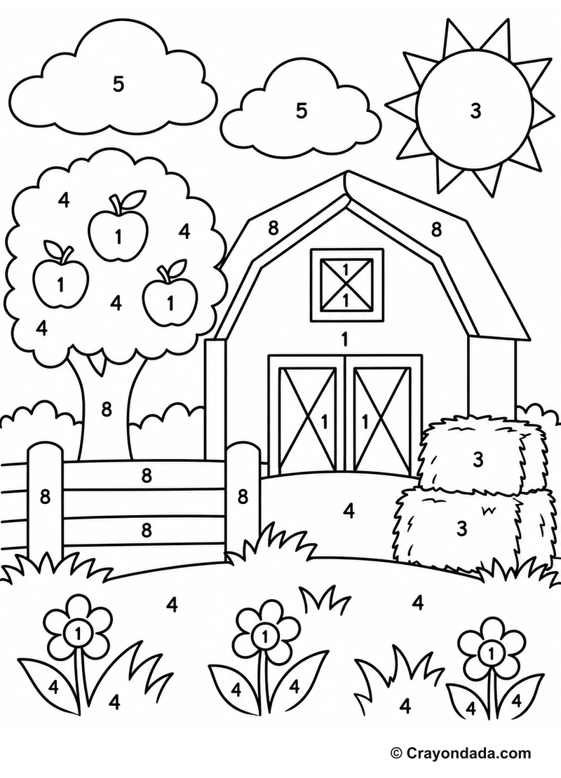 Little Farm Barn easy color by number worksheet for kids