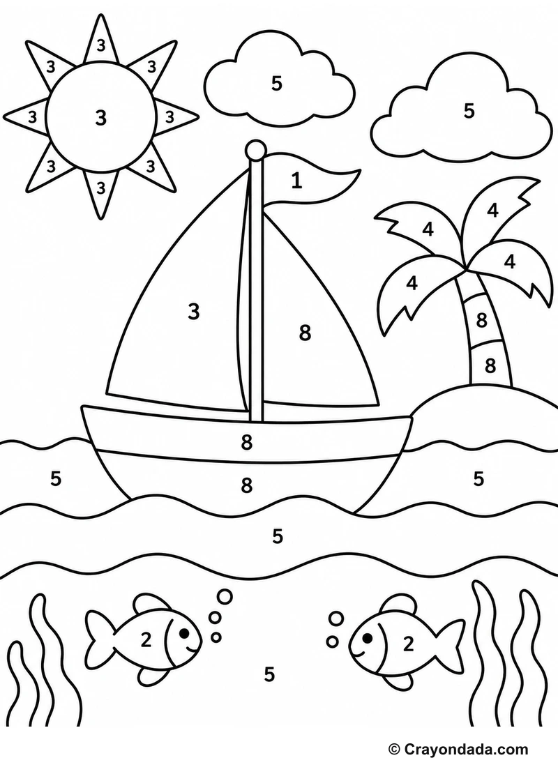 Little Sailboat easy color by number worksheet for kids