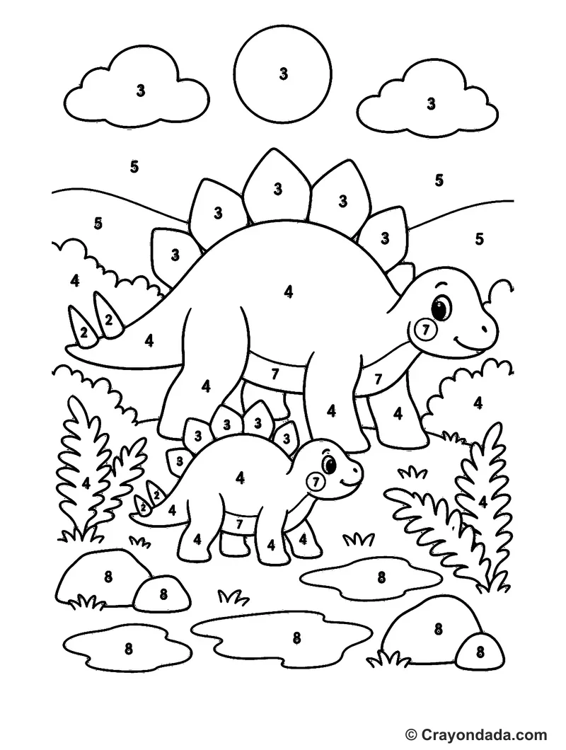 Stegosaurus Family Meadow Color by Number printable activity