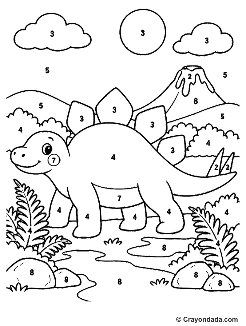 Stegosaurus Volcano Meadow Color by Number printable activity