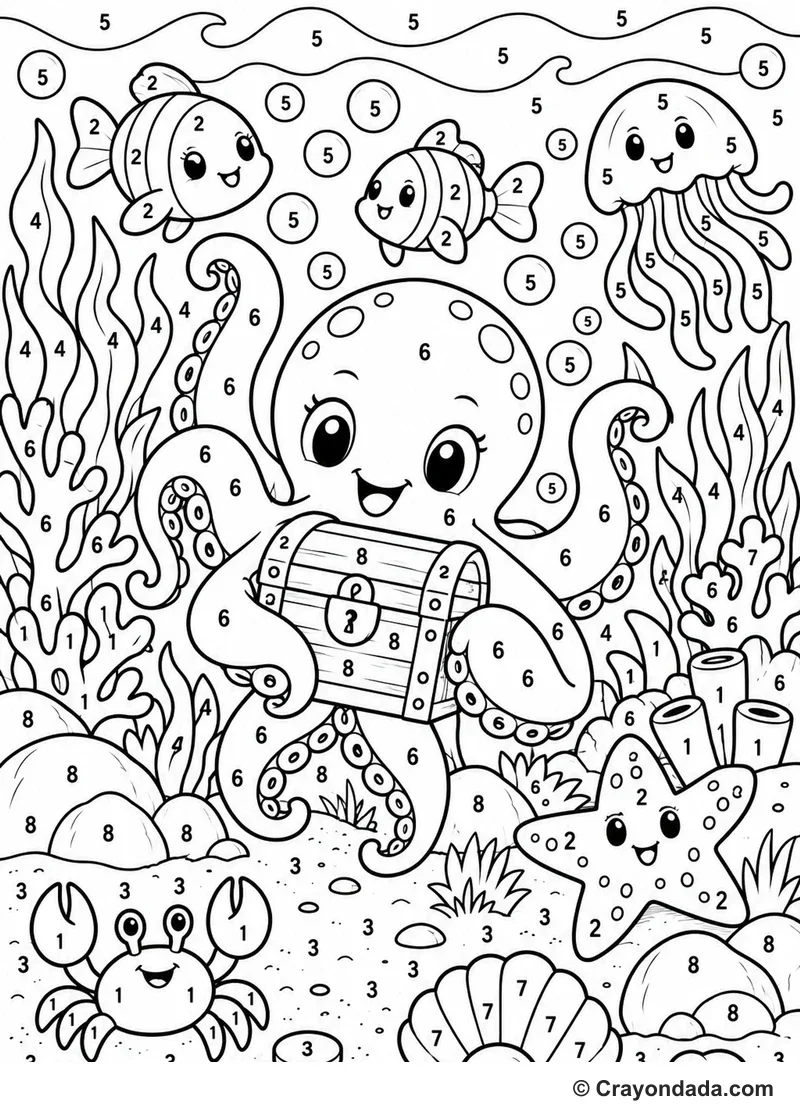 Octopus Treasure Ocean Color by Number printable activity