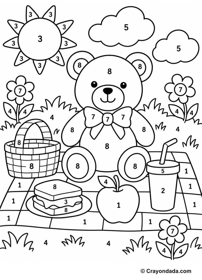 Picnic Teddy Bear easy color by number worksheet for kids