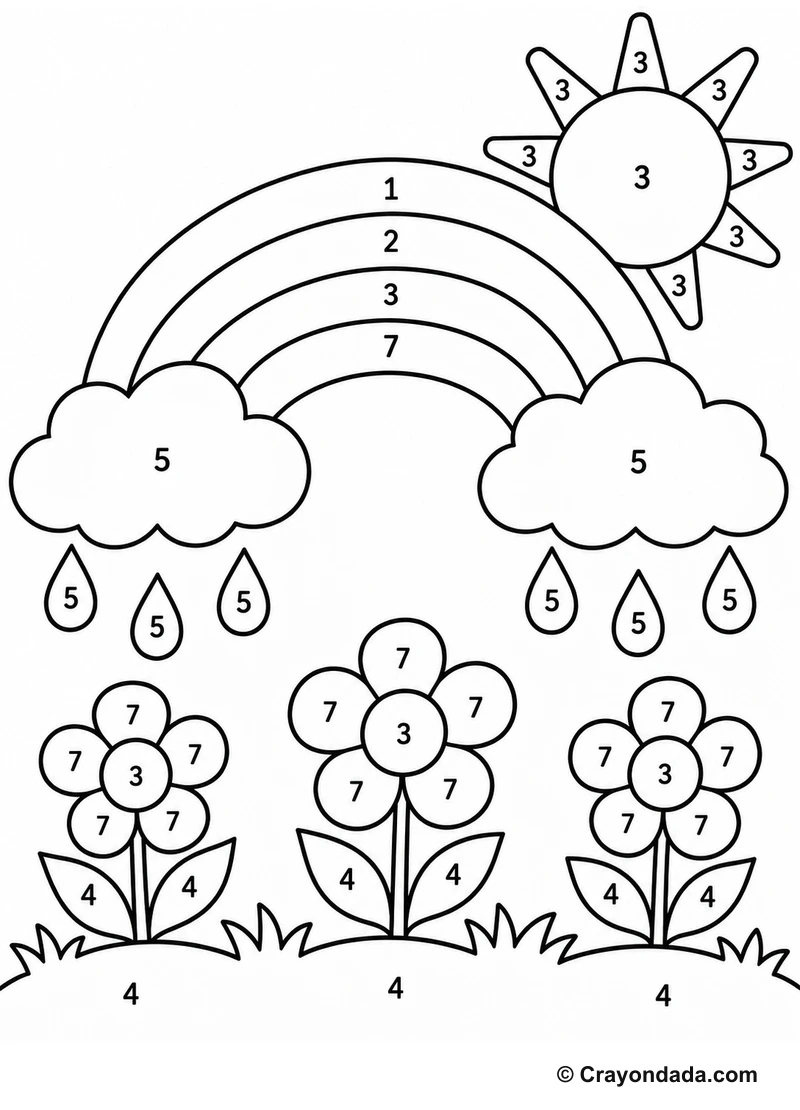 Rainbow Cloud Day easy color by number worksheet for kids
