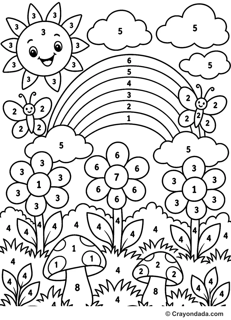 Rainbow Garden Day Color by Number printable activity