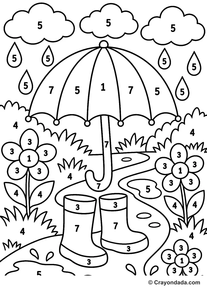 Rainy Umbrella Day Color by Number printable activity