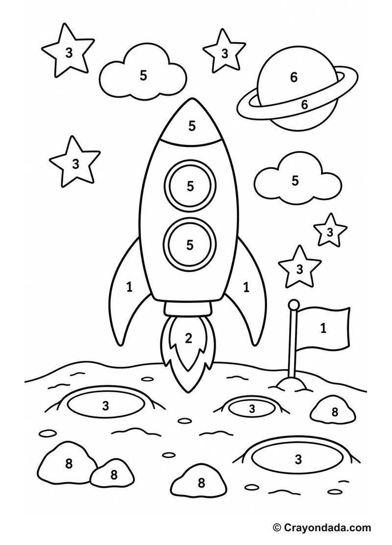 Rocket Moon Landing easy color by number worksheet for kids