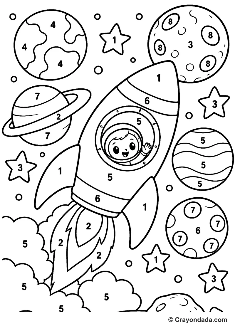 Rocket Space Adventure Color by Number printable activity