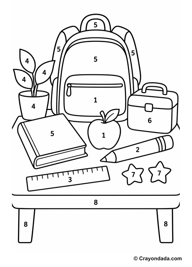 School Backpack Desk easy color by number worksheet for kids