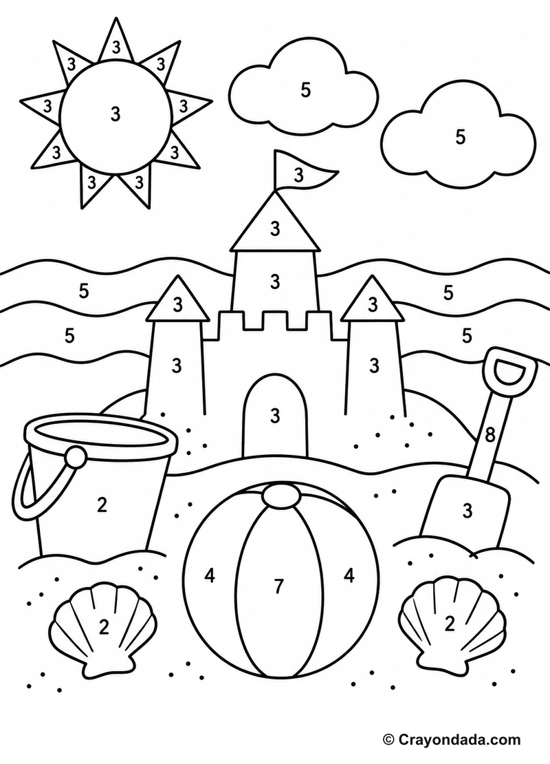 Simple Beach Sandcastle easy color by number worksheet for kids