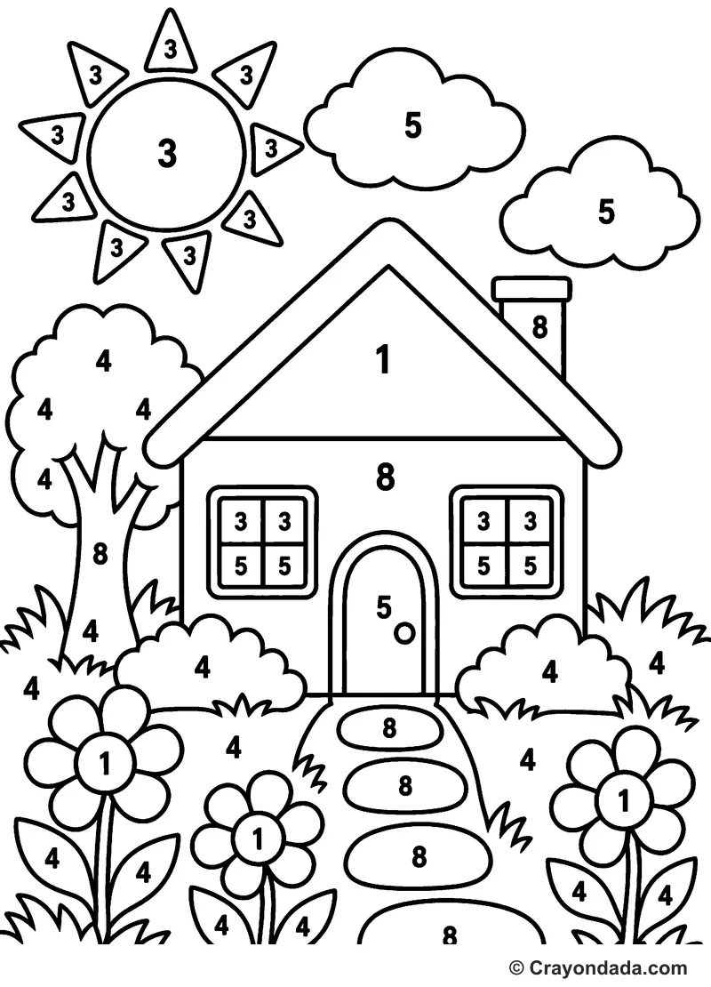Simple House Garden Color by Number printable activity