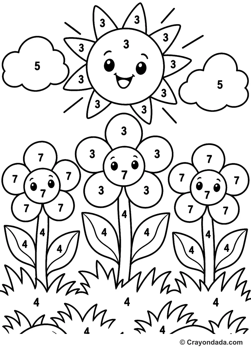Smiling Sun Garden Color by Number printable activity