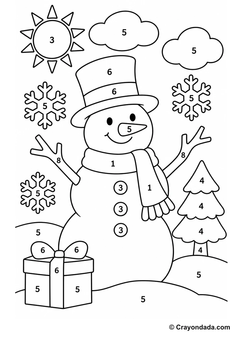 Snowman Winter Day easy color by number worksheet for kids