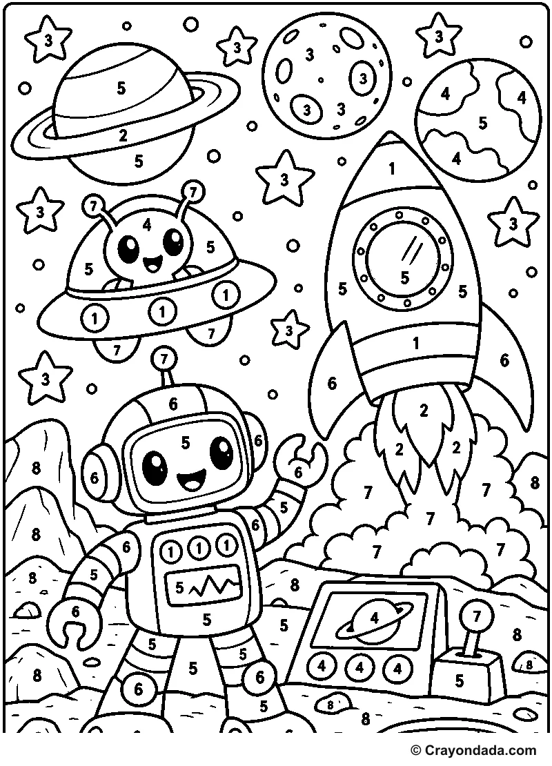 Space Robot Lab Color by Number printable activity