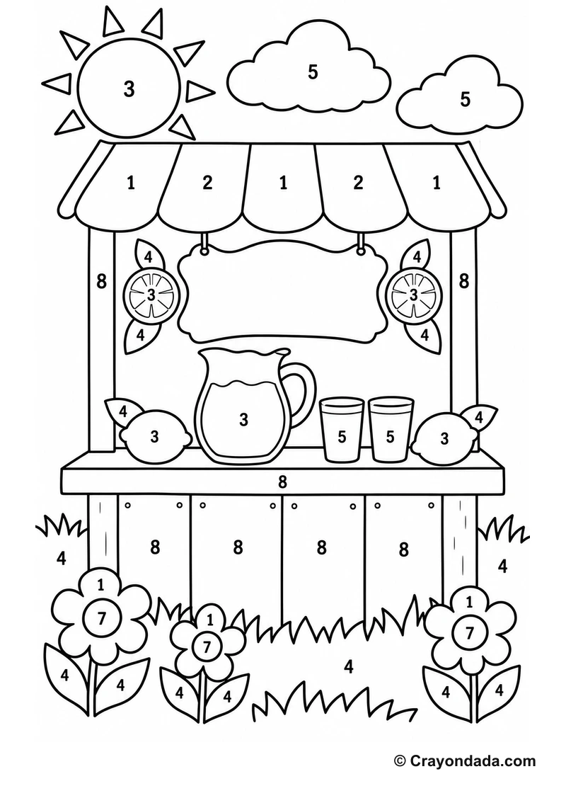 Sunny Lemonade Stand easy color by number worksheet for kids